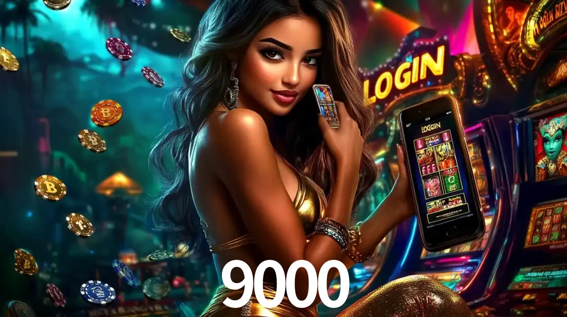 Mulher em um cenário de cassino temático de aventura, mostrando o app de caça-níqueis da 9000 no celular. Fichas de apostas flutuam ao redor.